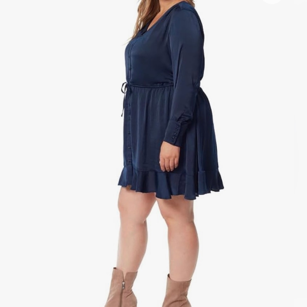 Jessica Simpson Plus Size 3X Navy Blue Satin Shiloh Long Sleeve Ruffle Dress - Picture 4 of 11